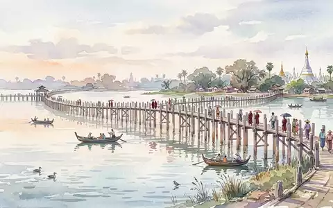 Aquarellillustration des Wahrzeichens U-Bein-Brucke in Amarapura Myanmar, weiche Farbverläufe und pastelliges Reiseposter-Feeling - Foto: THN