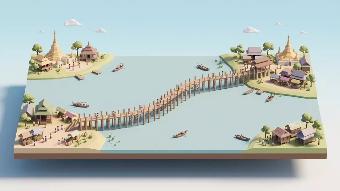 Isometrisches Diorama von U-Bein-Brucke in Amarapura, Myanmar in Pastell