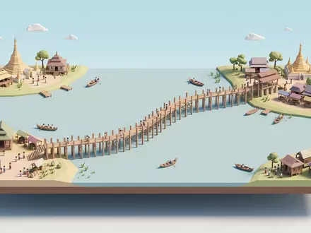 Isometrisches Diorama von U-Bein-Brucke und Umgebung in Amarapura Myanmar, verspielte Low-Poly-Kulisse in Pastellfarben - Foto: THN