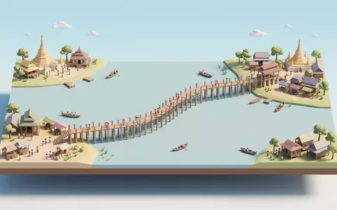 Isometrisches Diorama von U-Bein-Brucke und Umgebung in Amarapura Myanmar, verspielte Low-Poly-Kulisse in Pastellfarben - Foto: THN