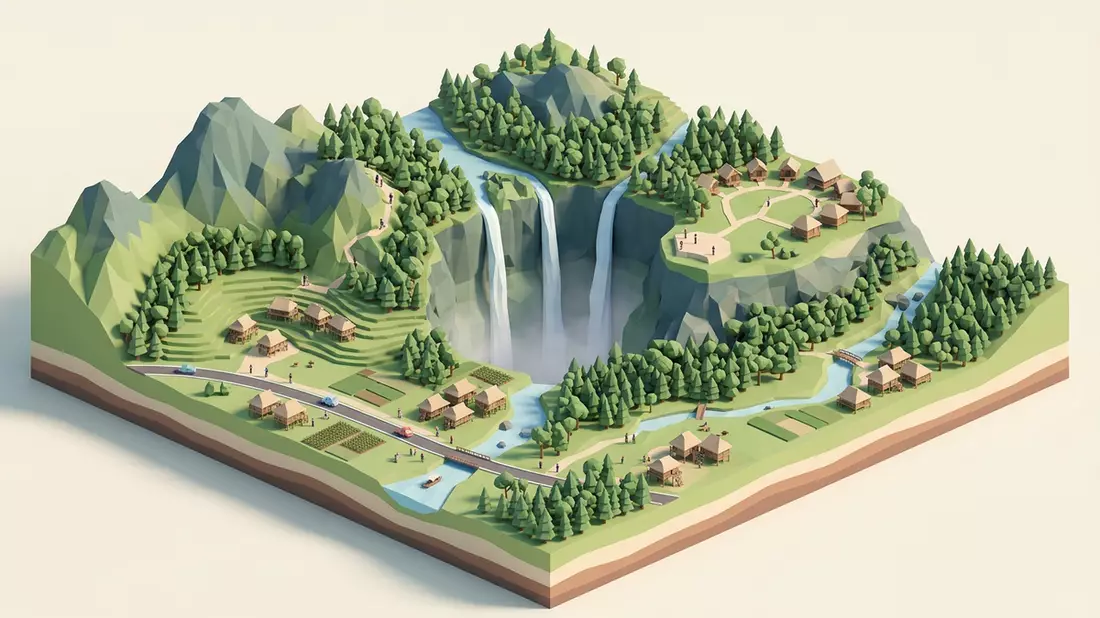 Isometrisches Diorama von Tad-Fane-Wasserfall in Pakse, Laos in Pastell