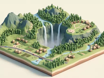 Isometrisches Diorama von Tad-Fane-Wasserfall und Umgebung in Pakse Laos, verspielte Low-Poly-Kulisse in Pastellfarben - Foto: THN