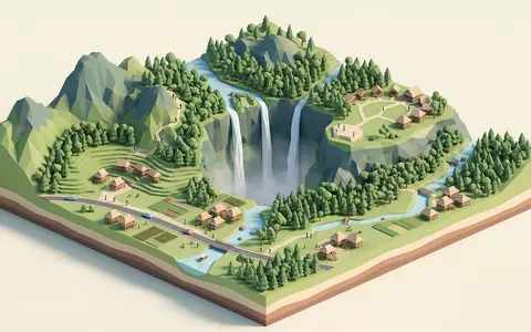 Isometrisches Diorama von Tad-Fane-Wasserfall und Umgebung in Pakse Laos, verspielte Low-Poly-Kulisse in Pastellfarben - Foto: THN