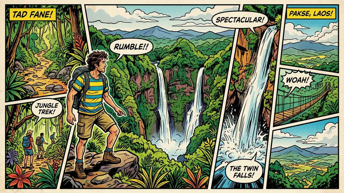 Pop-Art-Comic von Tad-Fane-Wasserfall in Pakse, Laos mit Rasterpunkten