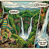 Pop-Art-Comicillustration des Wahrzeichens Tad-Fane-Wasserfall in Pakse Laos, kraeftige Konturen Rasterpunkte und satte Farben - Foto: THN
