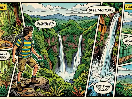 Pop-Art-Comicillustration des Wahrzeichens Tad-Fane-Wasserfall in Pakse Laos, kraeftige Konturen Rasterpunkte und satte Farben - Foto: THN