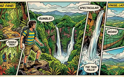 Pop-Art-Comicillustration des Wahrzeichens Tad-Fane-Wasserfall in Pakse Laos, kraeftige Konturen Rasterpunkte und satte Farben - Foto: THN