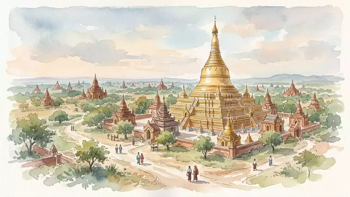 Aquarell-Illustration von Shwezigon-Pagode in Bagan, Myanmar als Reiseposter