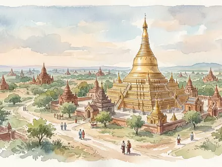Aquarellillustration des Wahrzeichens Shwezigon-Pagode in Bagan Myanmar, weiche Farbverläufe und pastelliges Reiseposter-Feeling - Foto: THN