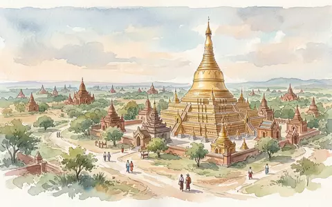 Aquarellillustration des Wahrzeichens Shwezigon-Pagode in Bagan Myanmar, weiche Farbverläufe und pastelliges Reiseposter-Feeling - Foto: THN