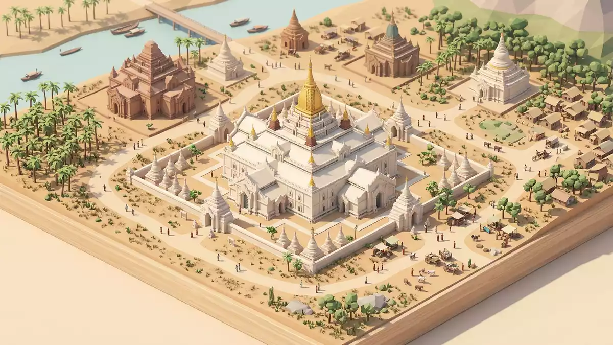 Isometrisches Diorama von Ananda-Tempel Bagan in Bagan, Myanmar in Pastell