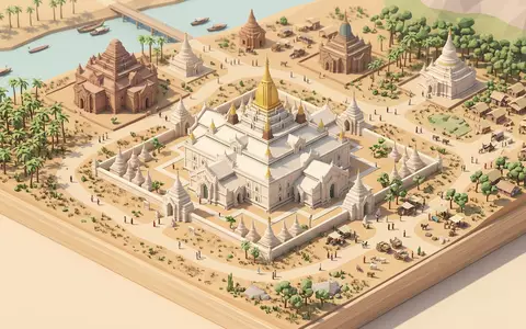 Isometrisches Diorama von Ananda-Tempel Bagan und Umgebung in Bagan Myanmar, verspielte Low-Poly-Kulisse in Pastellfarben - Foto: THN