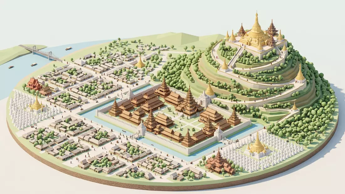 Isometrisches Diorama von Mandalay Hill in Mandalay, Myanmar in Pastell