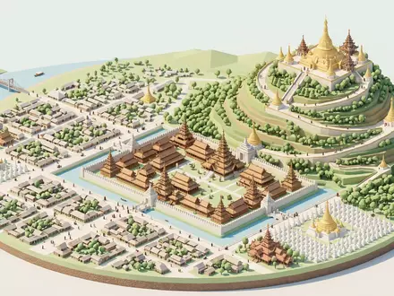 Isometrisches Diorama von Mandalay Hill und Umgebung in Mandalay Myanmar, verspielte Low-Poly-Kulisse in Pastellfarben - Foto: THN