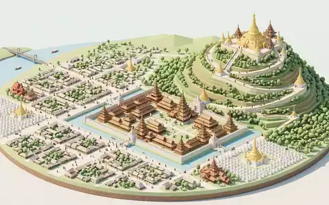 Isometrisches Diorama von Mandalay Hill und Umgebung in Mandalay Myanmar, verspielte Low-Poly-Kulisse in Pastellfarben - Foto: THN