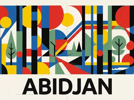Bauhaus-Poster als geometrische Abstraktion von Banco-Nationalpark in Abidjan Elfenbeinkuste, kraeftige Grundfarben und harte Formkanten - Foto: THN