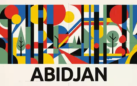 Bauhaus-Poster als geometrische Abstraktion von Banco-Nationalpark in Abidjan Elfenbeinkuste, kraeftige Grundfarben und harte Formkanten - Foto: THN