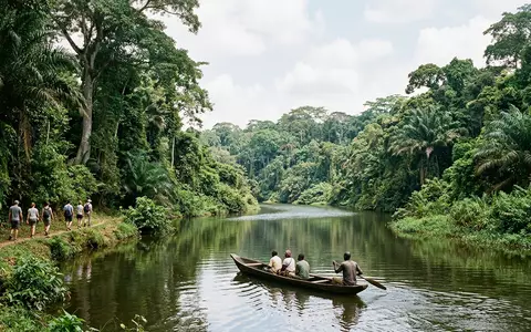 Editorialbild im Reisemagazin-Stil vom Wahrzeichen Banco-Nationalpark in Abidjan Elfenbeinkuste, ausgewogene Bildgestaltung und natuerliches Umgebungslicht - Foto: THN