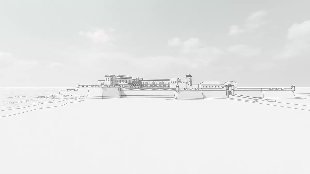 Architektur-Render von Cape Coast Castle in Cape Coast, Ghana bei Tageslicht