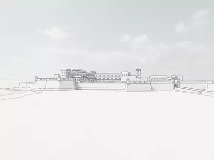 Moderner Architektur-Render zeigt Silhouette von Cape Coast Castle in Cape Coast Ghana, klare Linien und - Foto: THN