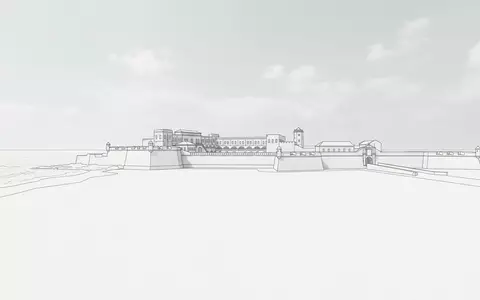 Moderner Architektur-Render zeigt Silhouette von Cape Coast Castle in Cape Coast Ghana, klare Linien und - Foto: THN