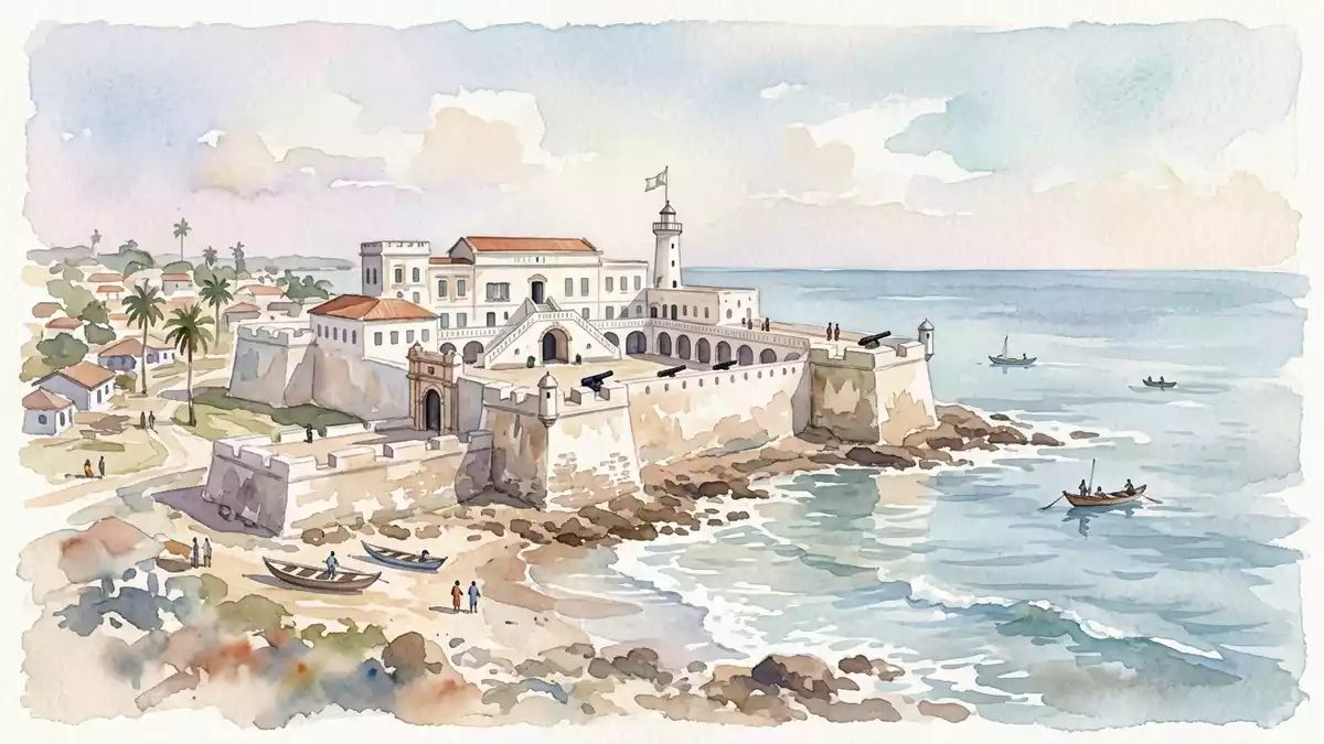 Aquarell-Illustration von Cape Coast Castle in Cape Coast, Ghana als Reiseposter