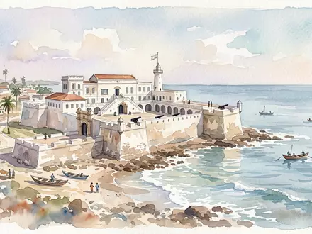 Aquarellillustration des Wahrzeichens Cape Coast Castle in Cape Coast Ghana, weiche Farbverläufe und pastelliges Reiseposter-Feeling - Foto: THN