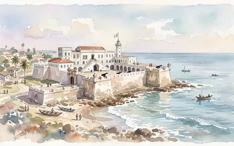 Aquarellillustration des Wahrzeichens Cape Coast Castle in Cape Coast Ghana, weiche Farbverläufe und pastelliges Reiseposter-Feeling - Foto: THN