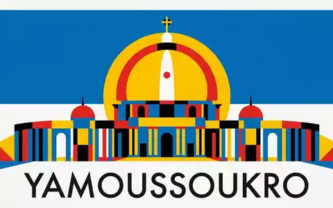 Bauhaus-Poster als geometrische Abstraktion von Basilika von Yamoussoukro in Yamoussoukro Elfenbeinkuste, kraeftige Grundfarben und harte - Foto: THN