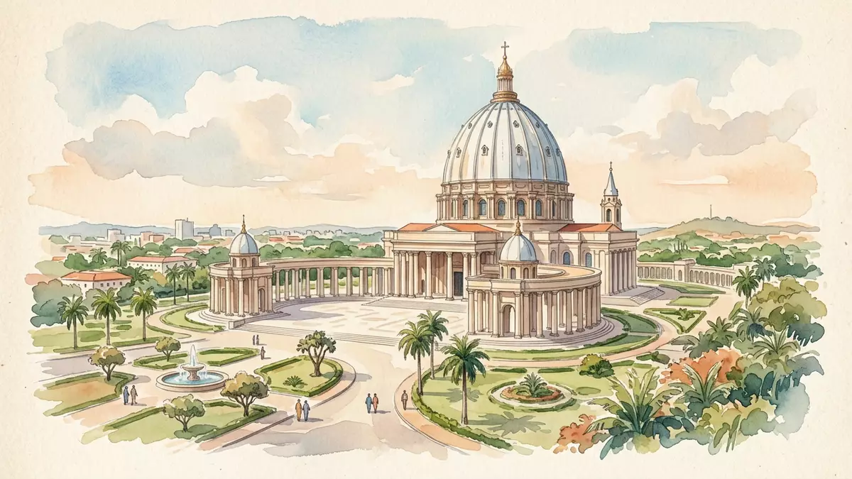 Aquarell-Illustration von Basilika von Yamoussoukro in Yamoussoukro, Elfenbeinkuste als Reis…