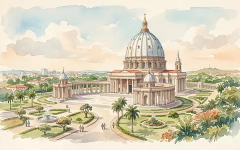 Aquarellillustration des Wahrzeichens Basilika von Yamoussoukro in Yamoussoukro Elfenbeinkuste, weiche Farbverläufe und pastelliges Reiseposter-Feeling - Foto: THN
