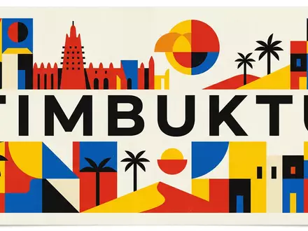 Bauhaus-Poster als geometrische Abstraktion von Timbuktu in Timbuktu Mali, kraeftige Grundfarben und harte Formkanten - Foto: THN