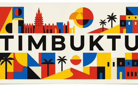 Bauhaus-Poster als geometrische Abstraktion von Timbuktu in Timbuktu Mali, kraeftige Grundfarben und harte Formkanten - Foto: THN