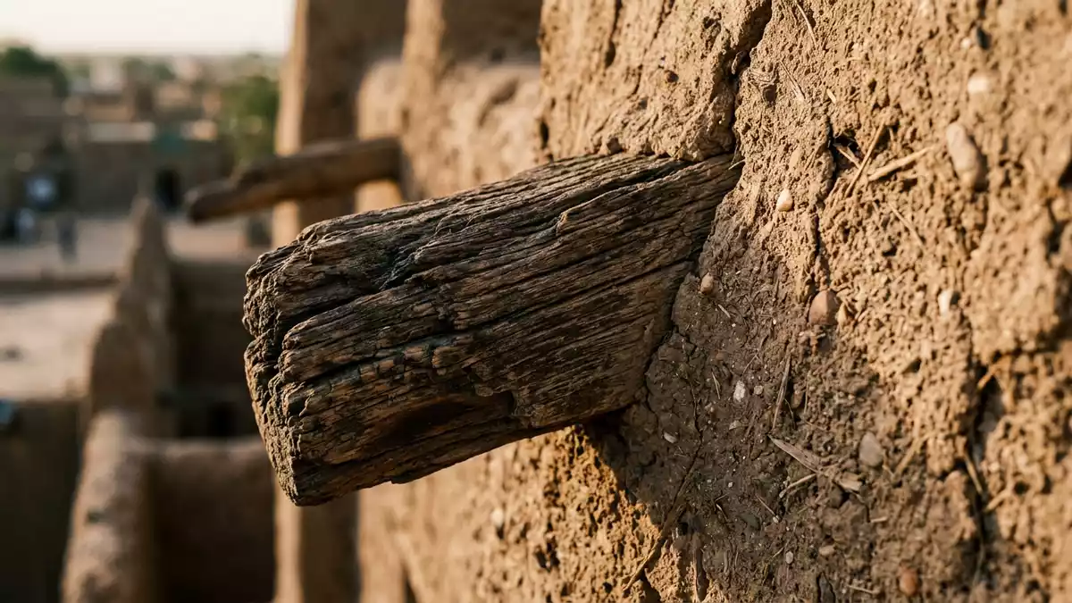 Makroaufnahme eines Materialdetails am Wahrzeichen Timbuktu, Timbuktu Mali