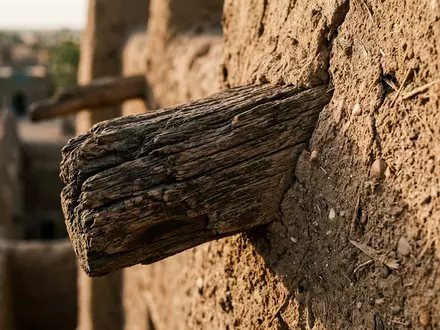 Extreme Makroaufnahme eines Materialdetails am Wahrzeichen Timbuktu in Timbuktu Mali, taktile Struktur und weiches Seitenlicht - Foto: THN