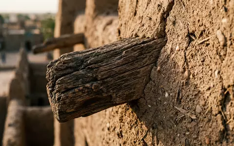 Extreme Makroaufnahme eines Materialdetails am Wahrzeichen Timbuktu in Timbuktu Mali, taktile Struktur und weiches Seitenlicht - Foto: THN