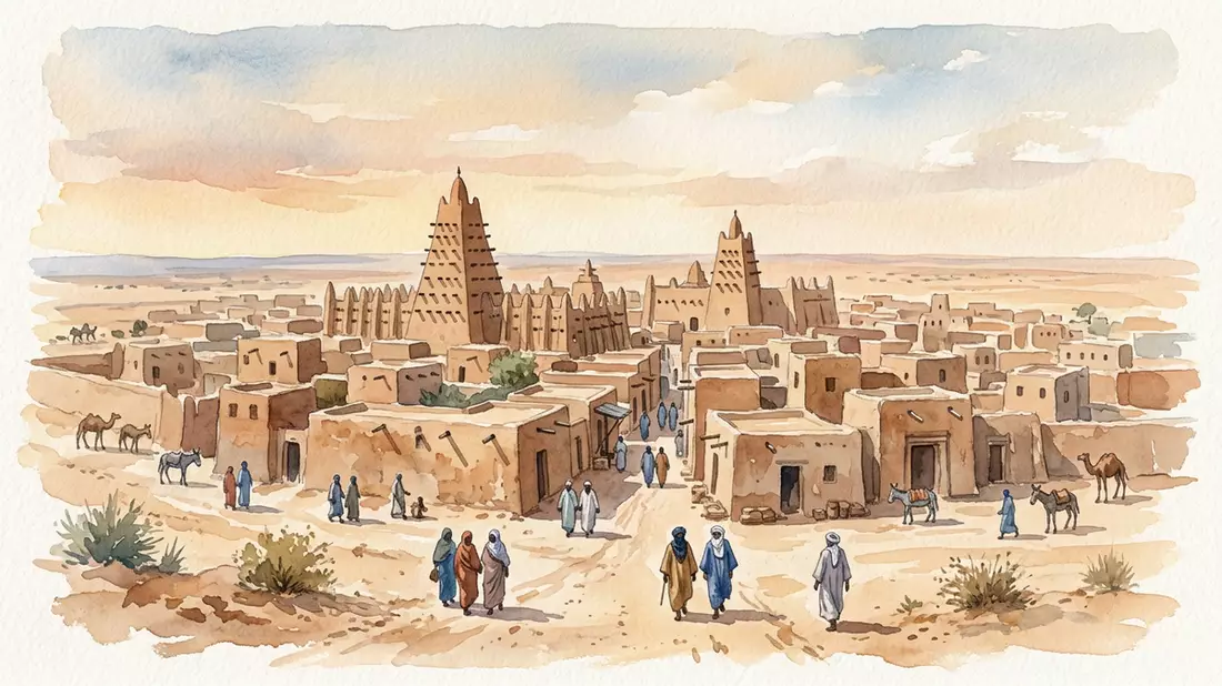 Aquarell-Illustration von Timbuktu in Timbuktu, Mali als Reiseposter