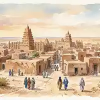 Aquarellillustration des Wahrzeichens Timbuktu in Timbuktu Mali, weiche Farbverläufe und pastelliges Reiseposter-Feeling - Foto: THN