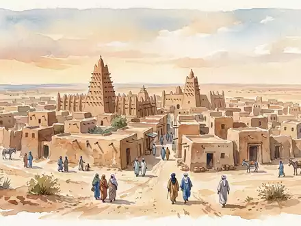 Aquarellillustration des Wahrzeichens Timbuktu in Timbuktu Mali, weiche Farbverläufe und pastelliges Reiseposter-Feeling - Foto: THN
