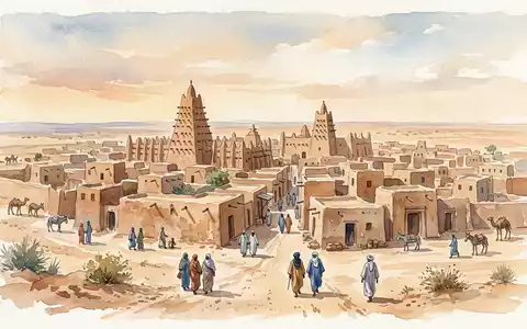 Aquarellillustration des Wahrzeichens Timbuktu in Timbuktu Mali, weiche Farbverläufe und pastelliges Reiseposter-Feeling - Foto: THN