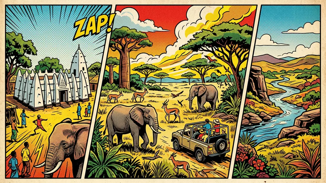 Pop-Art-Comic von Mole-Nationalpark in Larabanga, Ghana mit Rasterpunkten