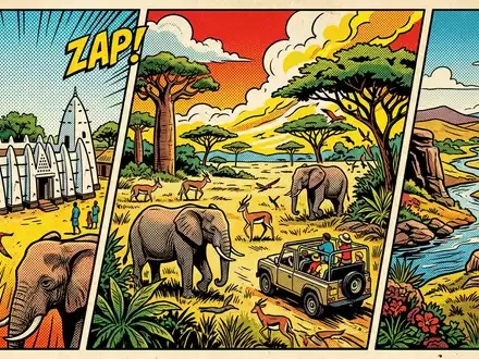 Pop-Art-Comicillustration des Wahrzeichens Mole-Nationalpark in Larabanga Ghana, kraeftige Konturen Rasterpunkte und satte Farben - Foto: THN
