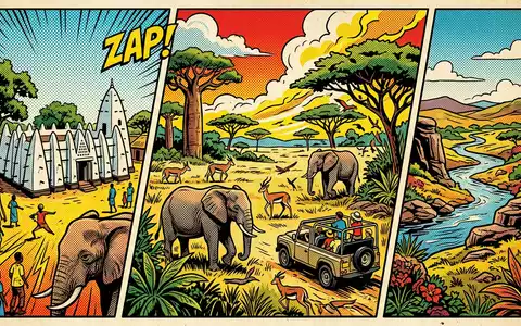 Pop-Art-Comicillustration des Wahrzeichens Mole-Nationalpark in Larabanga Ghana, kraeftige Konturen Rasterpunkte und satte Farben - Foto: THN