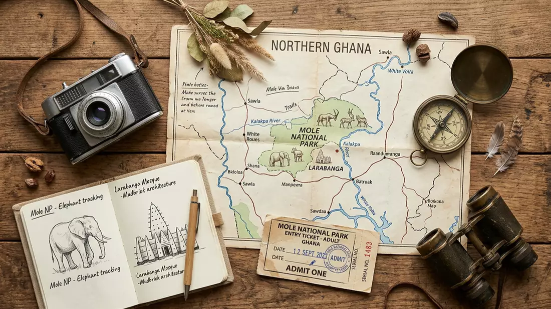 Flatlay-Reise-Arrangement rund um Mole-Nationalpark in Larabanga, Ghana