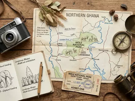 Flatlay-Reise-Arrangement rund um Mole-Nationalpark in Larabanga Ghana, Karte Kompass Kamera und generische Reiserequisiten - Foto: THN