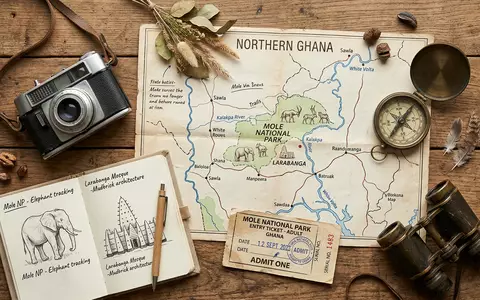 Flatlay-Reise-Arrangement rund um Mole-Nationalpark in Larabanga Ghana, Karte Kompass Kamera und generische Reiserequisiten - Foto: THN