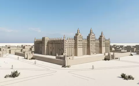Moderner Architektur-Render zeigt Silhouette von Grosse Moschee von Djenne in Djenne Mali, klare Linien und - Foto: THN