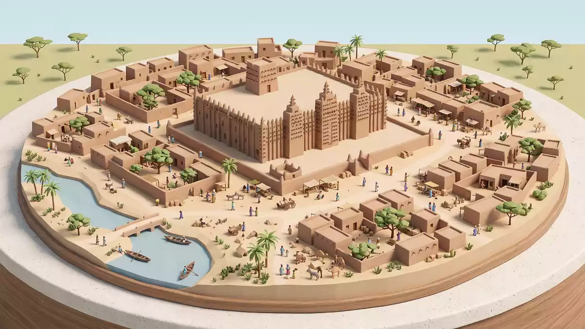 Isometrisches Diorama von Grosse Moschee von Djenne in Djenne, Mali in Pastell
