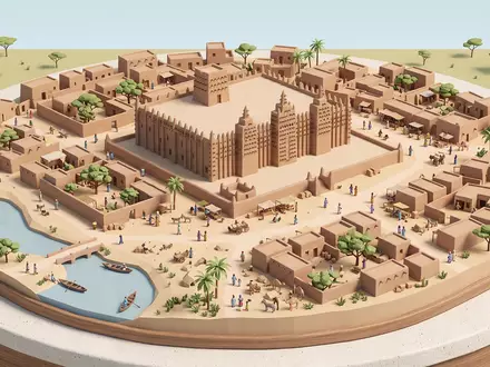 Isometrisches Diorama von Grosse Moschee von Djenne und Umgebung in Djenne Mali, verspielte Low-Poly-Kulisse in - Foto: THN