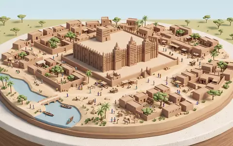 Isometrisches Diorama von Grosse Moschee von Djenne und Umgebung in Djenne Mali, verspielte Low-Poly-Kulisse in - Foto: THN